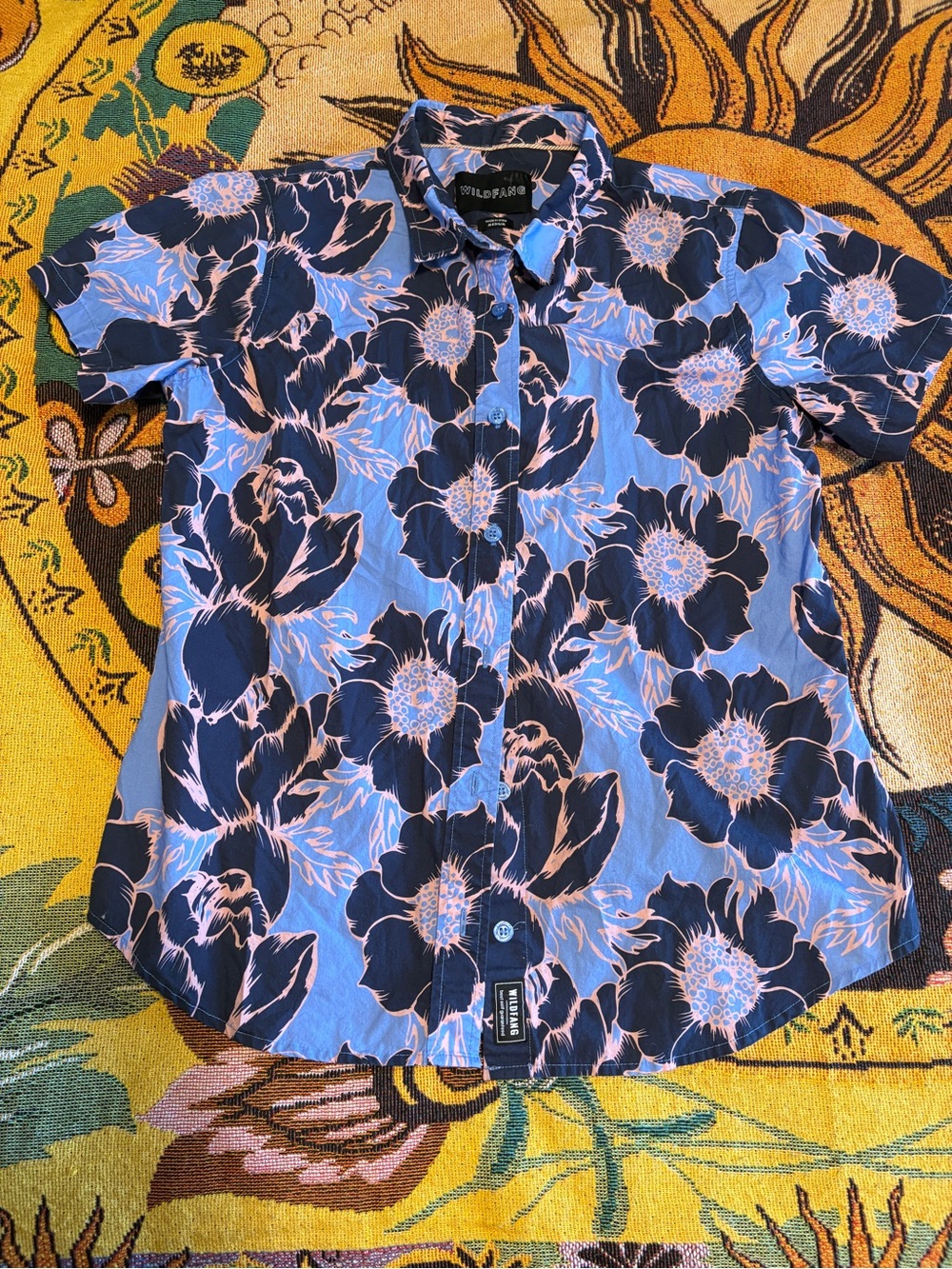 Wildfang Navy and Light Pink Floral Short Sleeve Button-Down Shirt